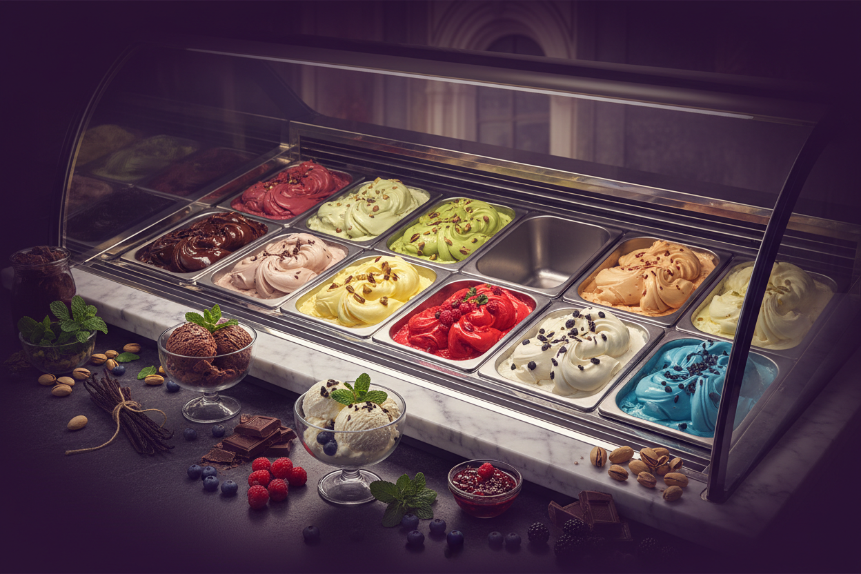 A #282751 színkódú szín domináljon a képen, szeretnék gelato tehát olasz fagyihoz kapcsolódó hátteret, ami egy weboldal főoldalára használható, alapanyagok akár fagylaltokkal