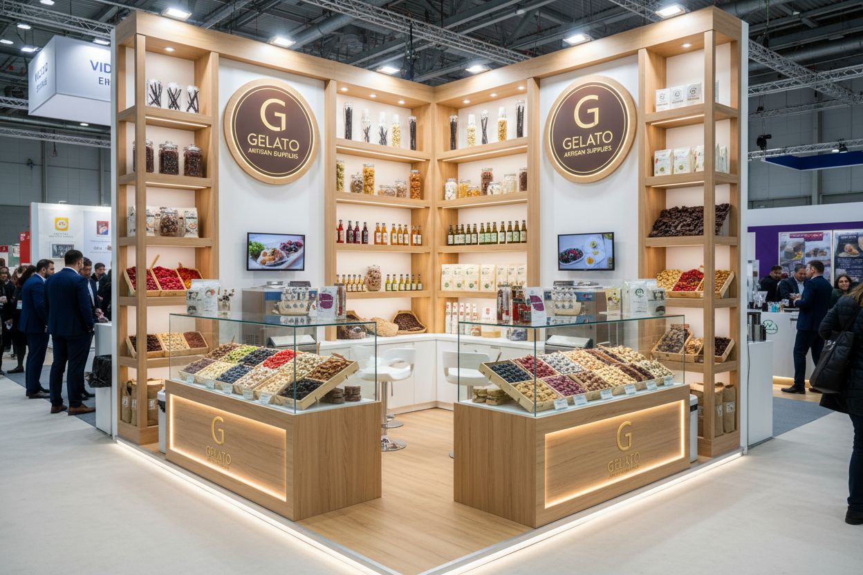 Premium hatású kép, ami egy fagylaltkiállításon ábrázol egy kiállító standot, ahol fagylalt készítéséhez szükséges alapanyagokat árúsítanak!